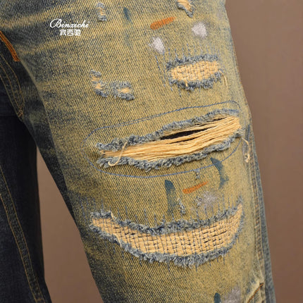 Summer Retro Ripped Denim Shorts Men's Trendy Brand Loose Straight Patch Heavy Washed 1 Casual Pants Men
