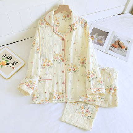 Pure cotton spring and summer nursing pajamas crepe monthly clothing postpartum plus size feeding two-piece pregnant women spring and autumn suit