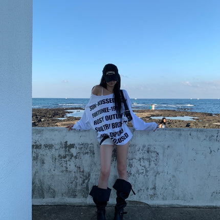 American Style Spice Girls Shoulder Letter Print Long-sleeved T-shirt Women's Early Autumn Mid-length Casual Loose Laid-back Shoulder Top