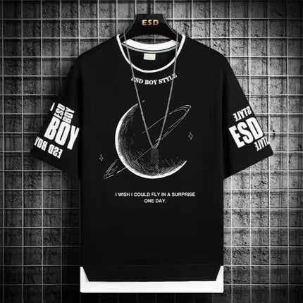 Boys' Short-Sleeve T-Shirt Trendy Brand Men's Clothing Live Broadcast for Middle School Students and Older Children Summer Half-Sleeve Youth Clothing for Ages 12-18