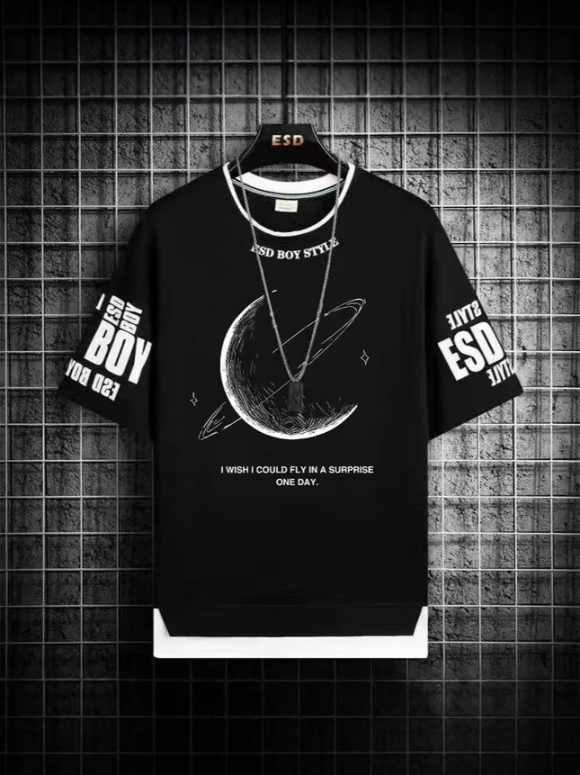 Boys' Short-Sleeve T-Shirt Trendy Brand Men's Clothing Live Broadcast for Middle School Students and Older Children Summer Half-Sleeve Youth Clothing for Ages 12-18