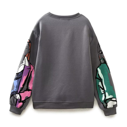 2023 Autumn and Winter Women's Warm Fleece-Lined Hoodless Round Neck Loose Printed Sweatshirt with 3D Printing