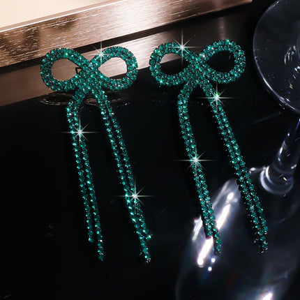Shein Explosive Bow Long Tassel Earrings Women's Personality Super Flash Rhinestone Bride Wedding All-match Ear Jewelry