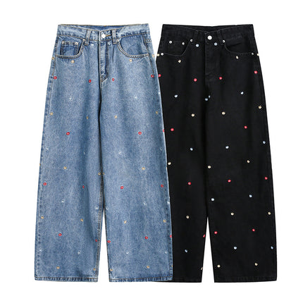Youthful Campus Style Starry Sky Embroidered Urban Vibe Women's Loose Drape Slimming Straight-Leg Floor-Length Jeans