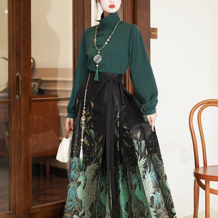 New Chinese Ming Han clothing suit 2024 Spring stand collar two-way shirt top green feather woven gold makeup flower vest skirt