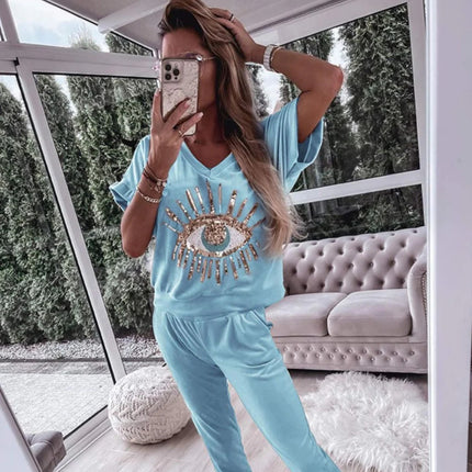 2024 European and American Cross-Border Foreign Trade Women's Summer Evil Eye Sequin Pattern Short-Sleeve Long Pants Set European and American Style