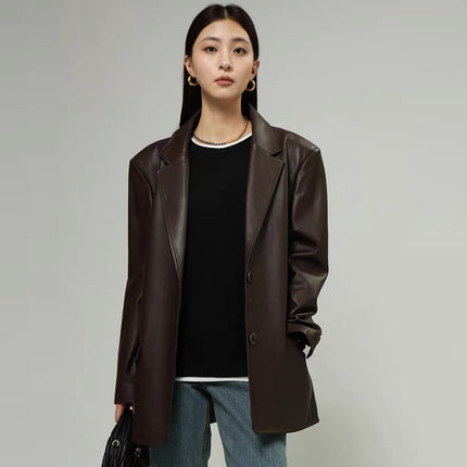 Korean Style PU Leather Suit Jacket Women's 2025 Spring and Autumn New Slimming High-end Temperament Top 89418300