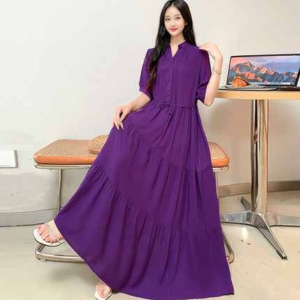 Cross-border chubby girl Super plus size Women's Dress Southeast Asian Short-sleeved Cotton Silk Large Swing Dress Mid-sleeved Beach Dress