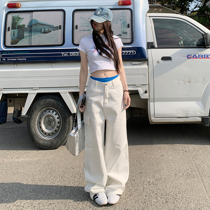 White Retro High Waist Multi-Pocket Wide Leg Crowd Pants Women's Spring and Autumn New Loose Slimming All-match Dipped Pants