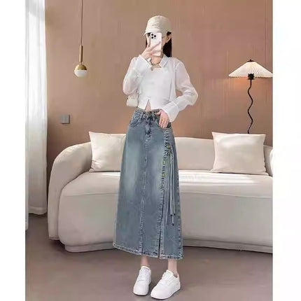 High Waist Split Denim Skirt Women's 2024 Trendy All-match Lightweight New Style Strap Design Sense New Chinese Style Long Skirt
