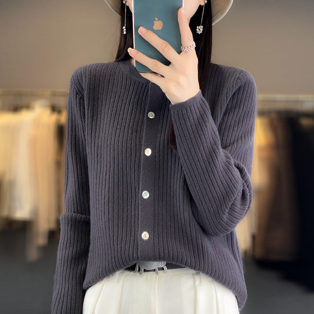 Spring and Autumn New Round Neck Cashmere Cardigan Women's Loose Casual All-match Long Sleeve Sweater Fashionable Elegant Outer Jacket
