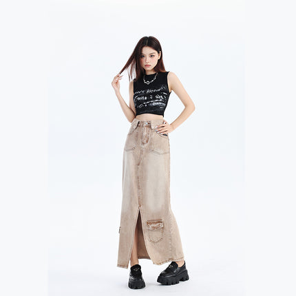 Hong Kong Style Vintage High Waist Slim Long Work Skirt Fashion Design Pear Figure Fashionable Denim Skirt for Women