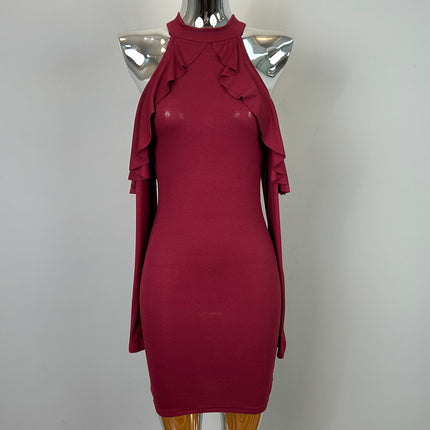 South Korea Dongdaemun New Retro wine red ~ Sexy Feminine Shoulder Ruffled Hip dress st