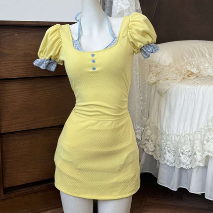 Original Manufacturer Yuanqi Girl One-Piece Puff Sleeve Swimsuit for Women, Cute, Covers the Body, Slimming, Conservative, Suitable for Vacation and Hot Springs
