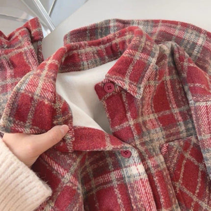 2025 Autumn and Winter Brushed Plaid Shirt Jacket Women's Loose Casual Flesh-Covering Lazy Style Mid-Length Shirt Cardigan