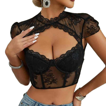 Sexy Hollow-Out European and American Lace Base Diamond Fishbone Waist-Cinching Short Underwire Short-Sleeve Slim Crop Top with Chest Pad