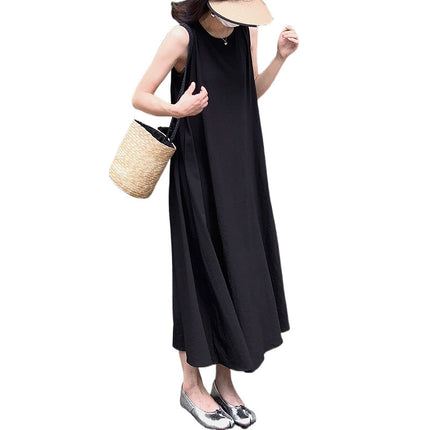 French Style Sleeveless Cotton and Linen Dress for Women 2024 Summer New Design Back Cut Out Round Neck Vest Dress