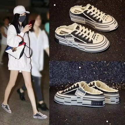 Wu Jianhao's Same Style Canvas Shoes for Women 2025 New High Casual White Small Fragrant Beggar Shoes Women's Half Slippers
