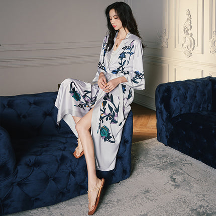 Yaoting New Style Satin Pajamas Women's Summer Large Size Light Luxury Seven-point Sleeve Cool Nightgown Bathrobe Home Clothes Women's WP2669