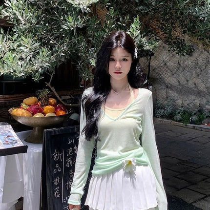 Mint Green Thin Layered V Neck Sun Protection Long-Sleeved T-Shirt for Women Summer Slimming Look Right Shoulder Pure Color Top