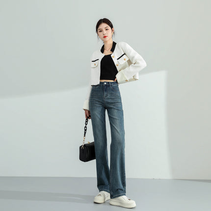 Real Shot of 2025 Autumn and Winter New Products Soft Texture Fabric Design High Waist Straight Jeans for Women