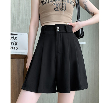 2025 Black Five-Point Suit Shorts for Women, New Autumn High-Waisted A-Line Casual Pleated Wide-Leg Shorts for Outerwear