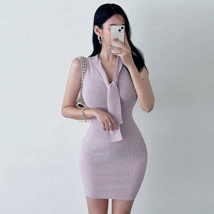 South Korea's Dongdaemun Slimming Look, Sexy and Feminine Figure-Showing Ribbon Sleeveless Hip-Covering Knitted Dress