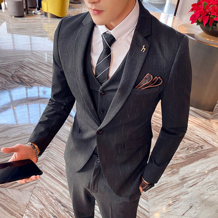 Long-term men's suit suit Korean slim fit suit three-piece suit solid color casual formal suit suit men