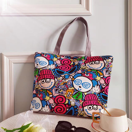 Korean Style Simple Cartoon Canvas Bag for Women, Cross-Border Large-Capacity Commuting Versatile Shoulder Tote Bag for Women