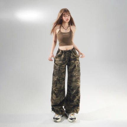 American Camouflage Cargo Pants for Women 2025 Summer New Style Adjustable Waist and Leg Binding Versatile Loose Slimming Casual Pants