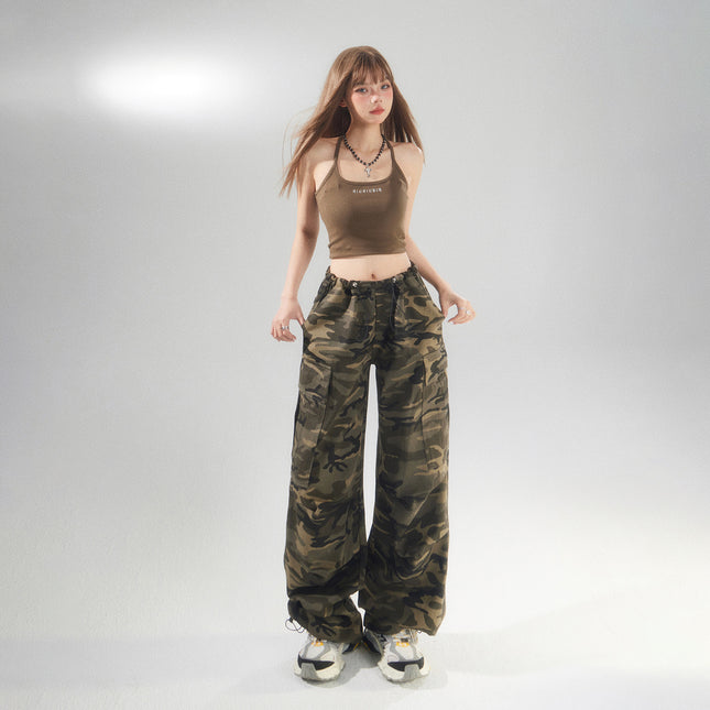 American Camouflage Cargo Pants for Women 2025 Summer New Style Adjustable Waist and Leg Binding Versatile Loose Slimming Casual Pants