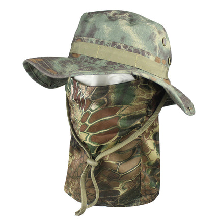 Outdoor Tactical Fisherman Hat Camo Penny Hat Summer Mountaineering Training Sunshade Round Edge Hat Mask Two-piece Set