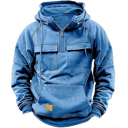 Cross-Border Men's Half-Zip Hooded Sweatshirt, Retro Workwear with Multiple Flap Pocket Pantss, Loose Casual Pullover Hoodie