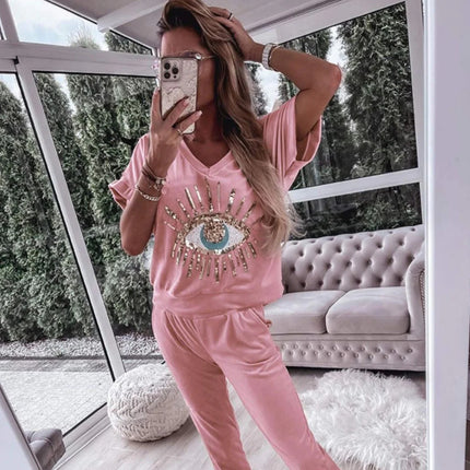2024 European and American Cross-Border Foreign Trade Women's Summer Evil Eye Sequin Pattern Short-Sleeve Long Pants Set European and American Style