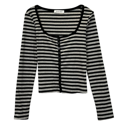 New Products from Dongdaemun, South Korea. Oh, How I Love It! It Really Shows Off Your Figure and Exposes Collarbones. Striped, Slim-Fitting, Comfortable Long-Sleeve Cardigan