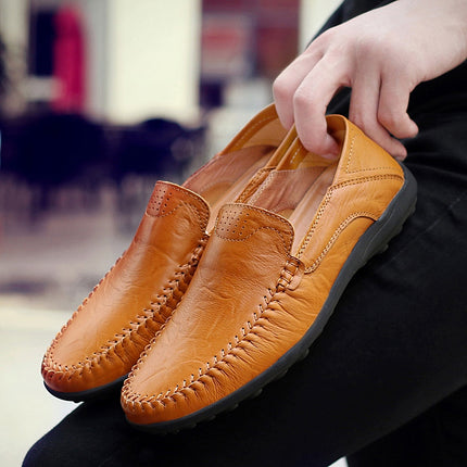 Doug Shoes Men's Genuine Leather Casual Shoes Summer Breathable Soft Bottom Driving Cowhide Slip-on Lazy Shoes for Business All-Match