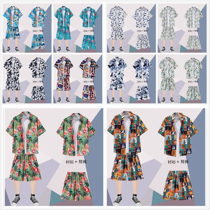 Summer thin short-sleeved floral shirt men's Hong Kong style retro Ruan Shuai Hawaiian seaside couple short-sleeved shorts two-piece set