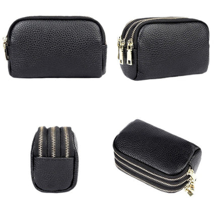 European and American First-Layer Cowhide Simple and Fashionable Mini Clutch Bag Three-Zip Coin Bag Key Coin Purse Genuine Leather