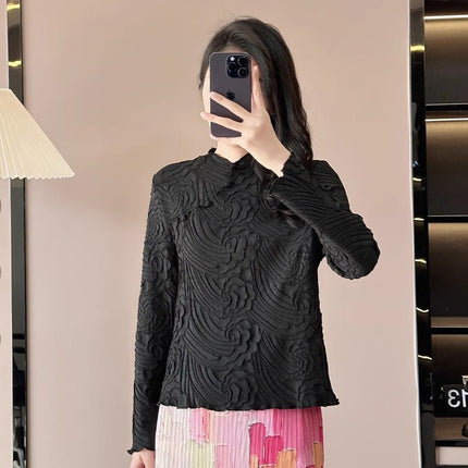 Miyake 2024 Summer New Chinese Style Slant-breasted Long-sleeved Three-dimensional Pleated Top Women's Two-piece Set with Tight Waist Skirt