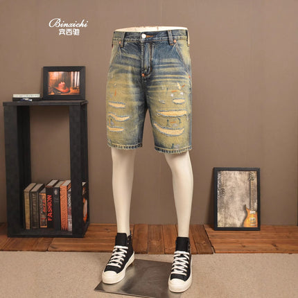 Summer Retro Ripped Denim Shorts Men's Trendy Brand Loose Straight Patch Heavy Washed 1 Casual Pants Men