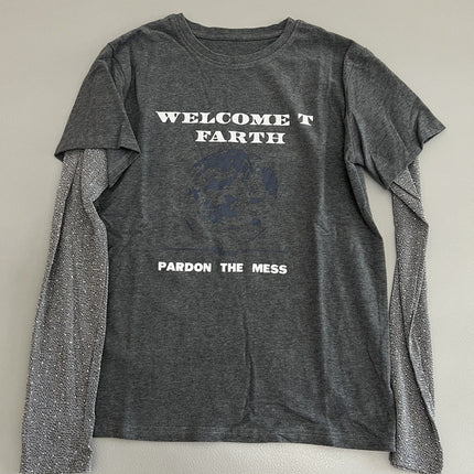 Brushed Letter Print Fake Two-Piece Long-Sleeved T-Shirt for Women in Autum New Casual Versatile Round Neck Top to Look Slim and Reduce Age