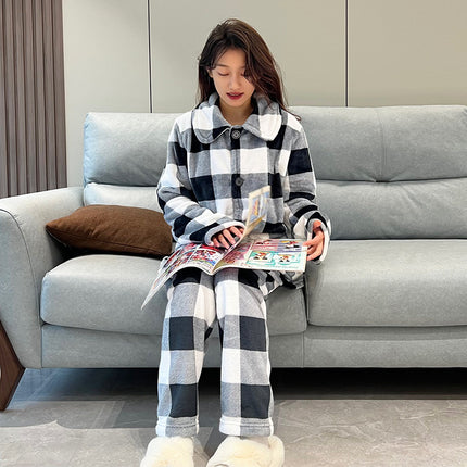 Autumn and winter plaid flannel pajamas set padded warm coral Plaid men's and women's home clothes wholesale