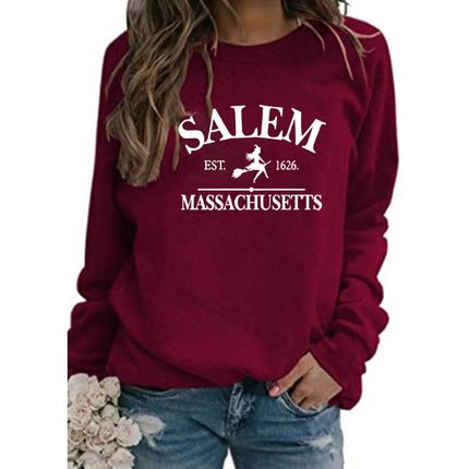 SALEM EST 1626 MASSACHUSETTS Print Round Neck Sweat Top Women plus size Cross Border