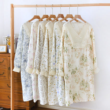 Lace V-neck Princess Style Pullover Long-sleeved Pure Cotton Pajamas Women's Spring and Summer Thin Crepe Cotton Floral Dress for Outer Wear
