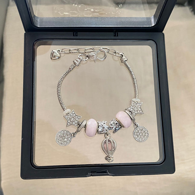 Korean Style Mori Pink Glass Bead Bracelet for Women, Niche Light Luxury Retro Hot Air Balloon Pendant DIY Bracelet