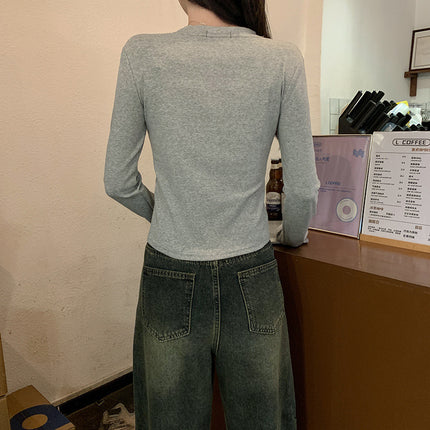 Pure Cotton Three-dimensional Dog Decorative Long-sleeved T-shirt Women's Early Autumn New Slim-fit Bow Round Neck Top