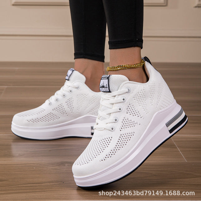 Women's Mesh Wedge Thick-soled White Shoes Summer Breathable Invisible Heightening Board Shoes Casual Student sneaker