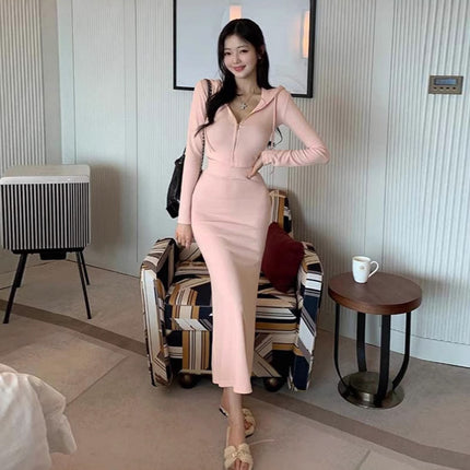 South Korea Dongdaemun Figure Fashion suit Slim-fit Sexy Short Hooded Jacket Hip Fishtail Dress Women