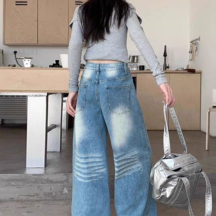 Summer 2025 Washed Vintage Distressed Blue Jeans for Women, High-Waisted Versatile Wide-Leg Pants, Floor-Length Pants