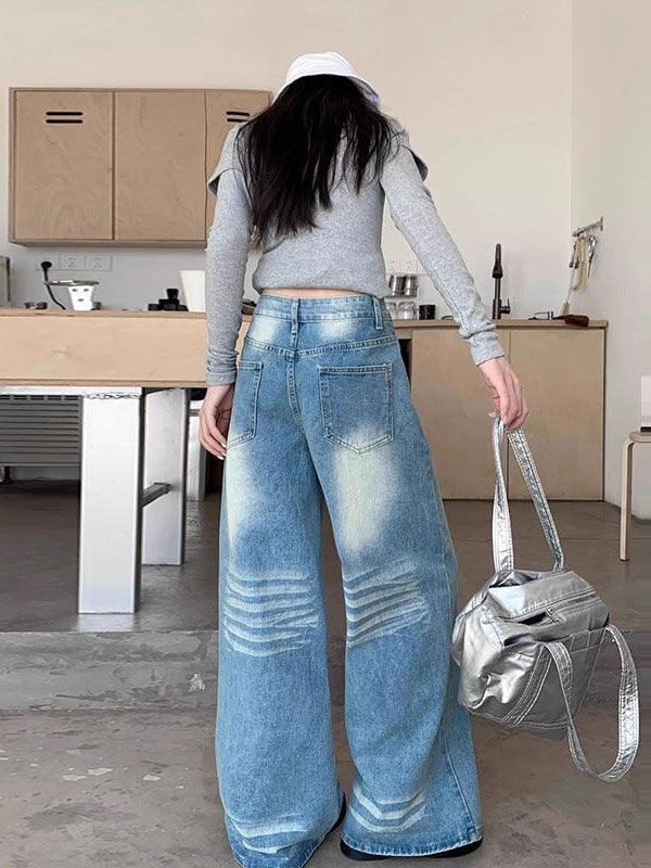 Summer 2025 Washed Vintage Distressed Blue Jeans for Women, High-Waisted Versatile Wide-Leg Pants, Floor-Length Pants